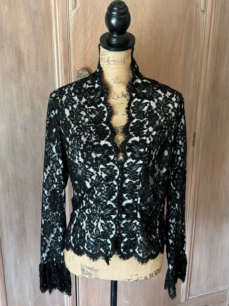Tadashi Black Lace Scalloped Edge Evening Top Size 12